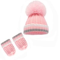 H648-P-SM: Pink Ribbed Hat & Mittens (0-12m)